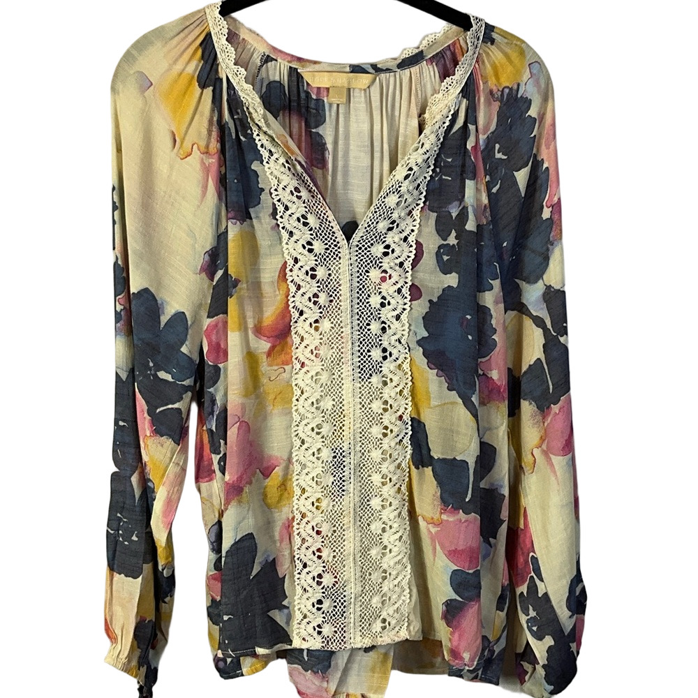 Hope & Harlow Large Bohemian Cream Blue Floral Watercolor Crochet-Trim Blouse